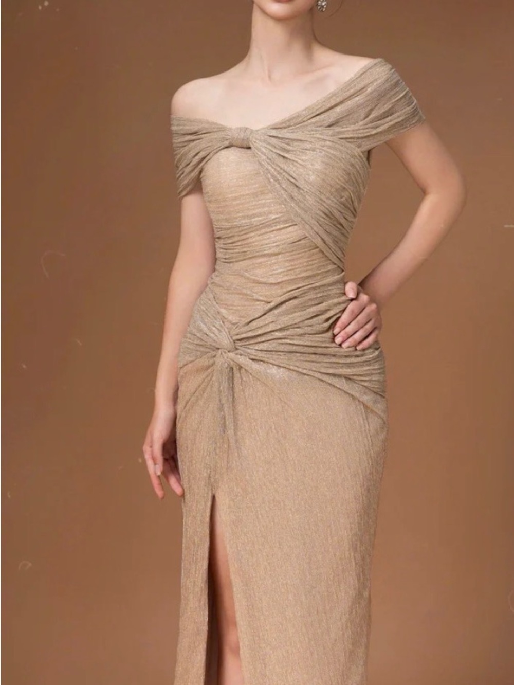 Hacchic Couture Off Shoulder Midi Dress In Nude, Champagne , Size 6 ( USA) - Picture 7 of 8